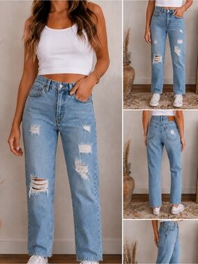 Levi's Light Blue Distressed Straight Leg Jeans - Women